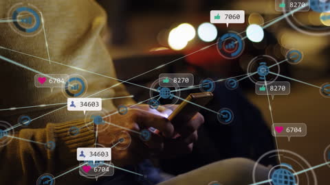 Businessman Using Smartphone with Social Media Interface Overlay