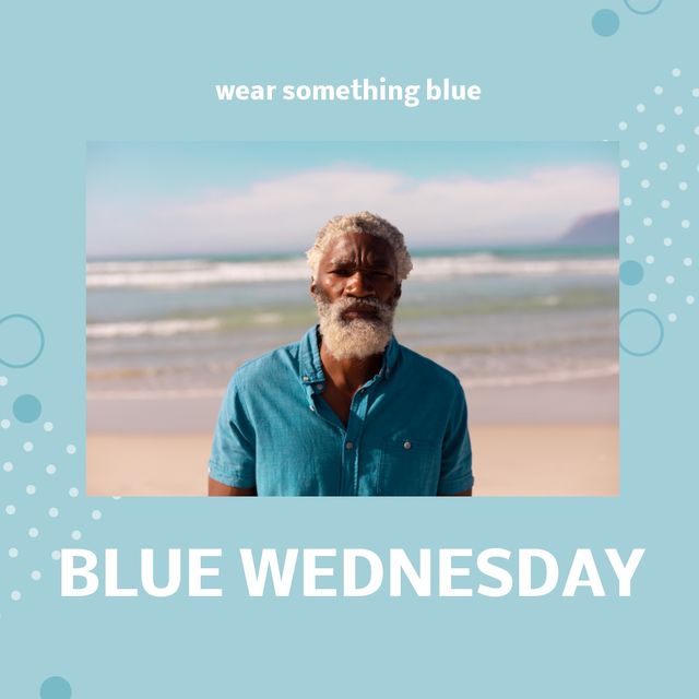 This image shows a senior African American man at the beach wearing a blue shirt. The text on the image reads 'Wear something blue' at the top and 'Blue Wednesday' at the bottom. This image may be used for social media campaigns, awareness promotions, and events encouraging participation in Blue Wednesday.