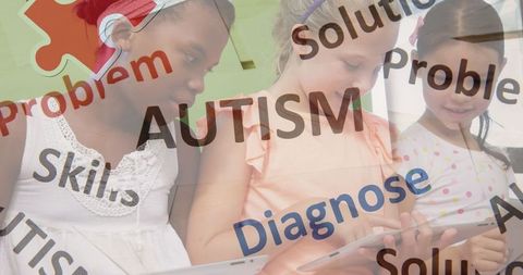 Three Young Girls Collaborating on Tablets with Autism Overlay Elements