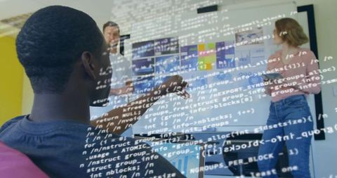 Diverse team engaging in digital presentation with technological overlay