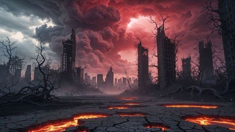 Dystopian Cityscape with Glowing Lava and Apocalyptic Skies