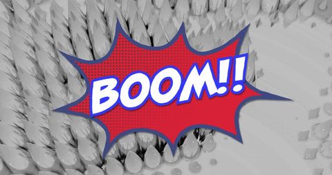 Retro Comic Book Style Boom Overlay on Grey Pattern