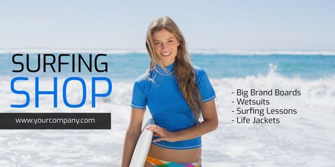 Smiling Woman with Surfboard Promoting Surf Shop - Download Free Stock Templates Pikwizard.com