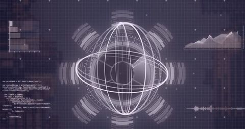 Digital sphere with data processing elements on graphite background