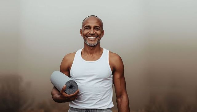 Smiling man holding yoga mat in foggy outdoor setting
