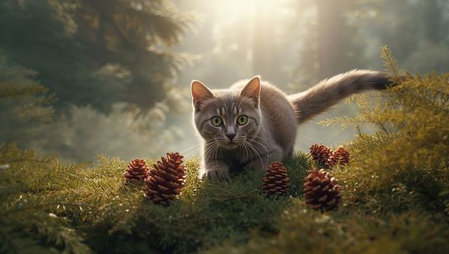 Curious Grey Cat in Sunlit Forest Clearing Among Pinecones