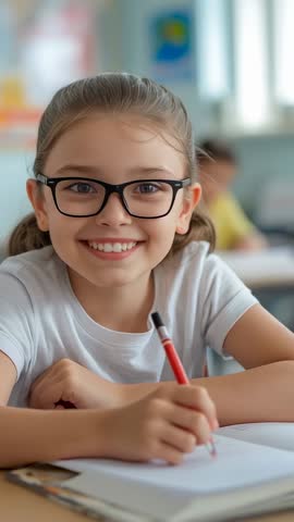 Smiling schoolgirl with glasses writing assignment in classroom vertical video