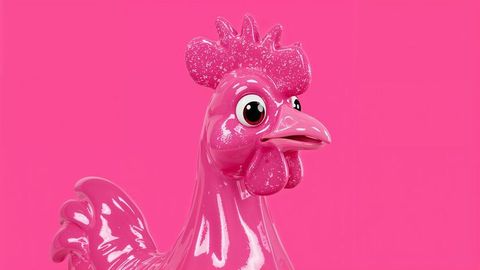Glossy pink cartoon chicken figurine in vibrant setting