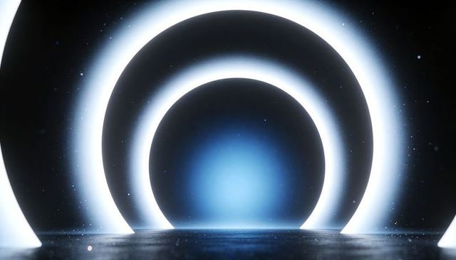 Futuristic glowing concentric ring tunnel with blue core, reflective floor, ambient dust