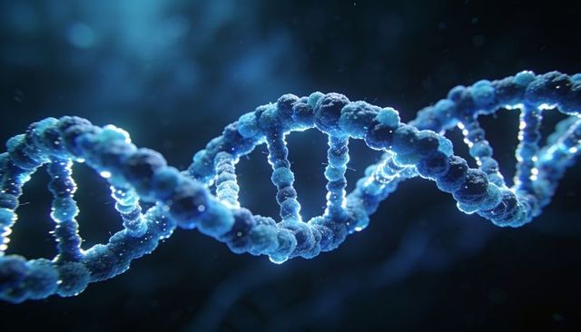 Glowing dna double helix spiraling in microscopic space with luminescent nucleotide beads