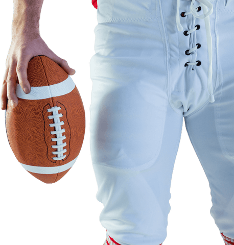 Close-up of american football player holding football on transparent background