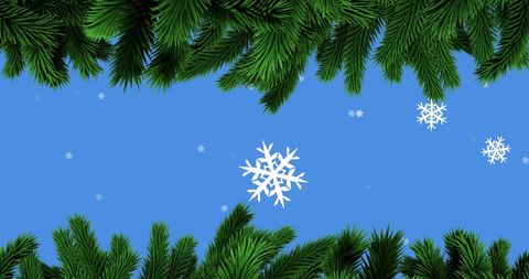 this wintery scene features pine branches framing a blue sky with delicate snowflakes falling, creating a festive and cheerful holiday atmosphere. ideal for seasonal greeting cards, holiday advertisements, or decorations promoting winter and christmas events.