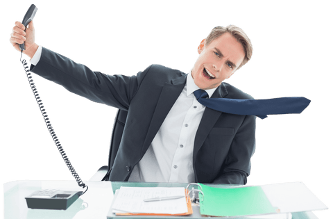 Stressed Businessman Yelling Into Vintage Phone on Transparent Background