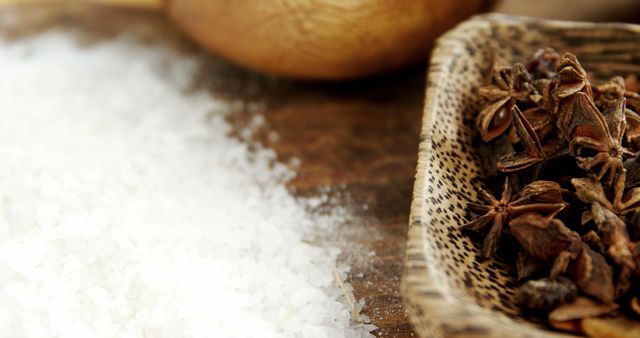 Coarse Sea Salt and Star Anise on Rustic Wooden Table - Download Free Stock Images Pikwizard.com