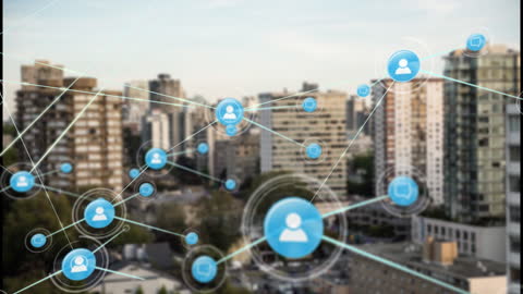 Digital Network Connections Overlaying Urban Cityscape