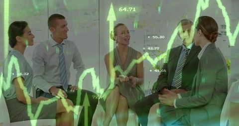 Business Team Discussing Financial Analytics with Green Stock Chart Overlay