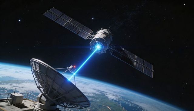 Orbital satellite emitting blue laser beam toward ground station parabolic antenna above earth