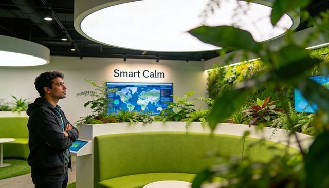 Man observing global data display in biophilic corporate lounge with smart calm