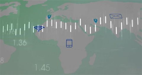 Displaying global connectivity dashboard with real-time data bars and network icons