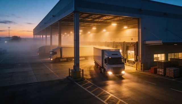 Tractor-trailer exiting warehouse dock at dusk with foggy apron, pallets and lights