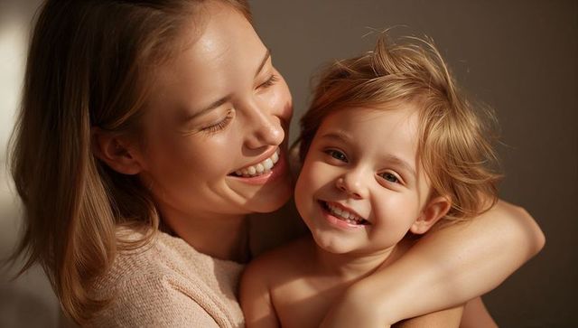 Mother embracing toddler smiling together in warm natural light cozy home bonding intimate