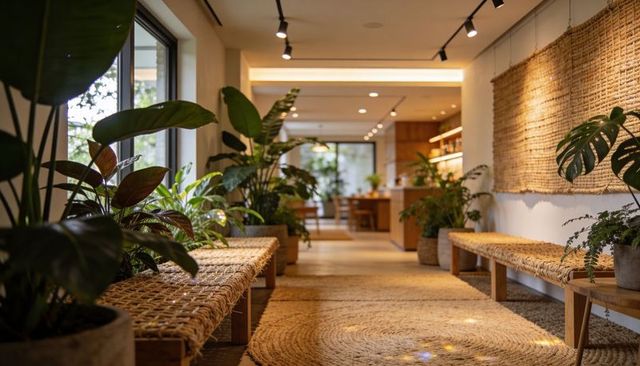 Rattan lounge corridor featuring woven benches, braided jute runner and lush indoor plants