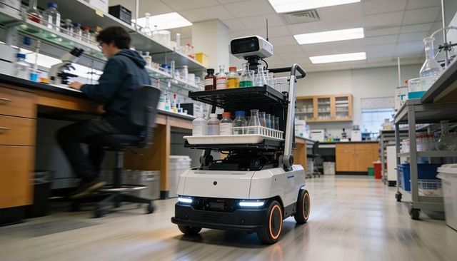 Autonomous lab robot transporting reagent bottles and glassware through laboratory aisle
