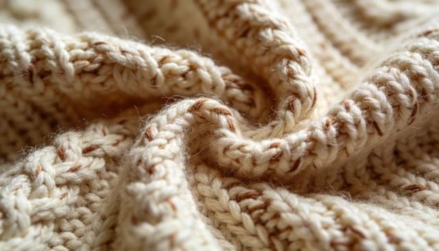 Cream flecked wool knit macro showing ribbed stitches and soft yarn texture close-up cozy