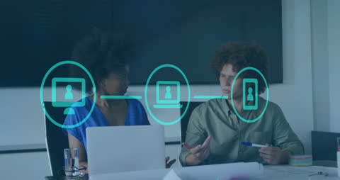 Diverse Business Team Discussing with Digital Interface Overlay