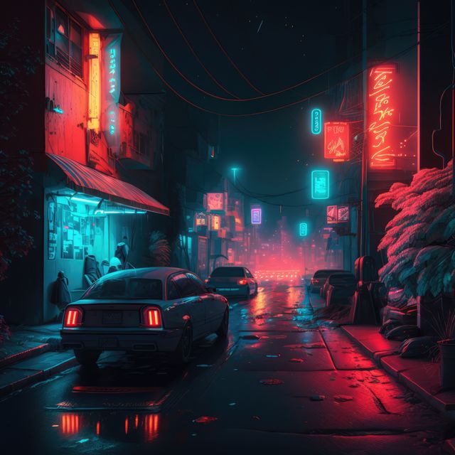 City street with cars, buildings and neon lights created using generative ai technology. Cityscape, color and light concept digitally generated image.