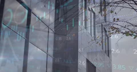 Tall Office Building with Overlay of Financial Graphs in Cloudy Setting