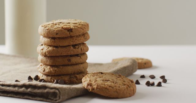 Stack of Homemade Chocolate Chip Cookies on Linen Napkin - Download Free Stock Images Pikwizard.com