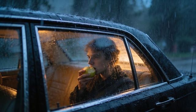 Young man biting green apple while gazing through rain-splattered car window at dusk