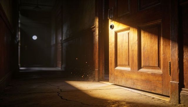 Sunlight streaming through ajar wooden door, casting dust motes over cracked hallway floor