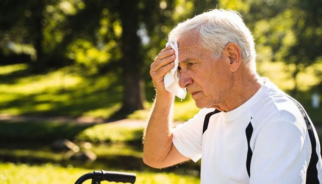 Senior man wiping sweat while resting with walker in sunlit park during summer heat