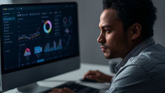 Focused Young Professional Analyzing Data Dashboard