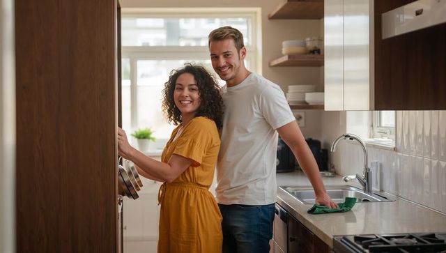 Smiling couple organizing modern kitchen, opening tall cabinet and wiping countertop