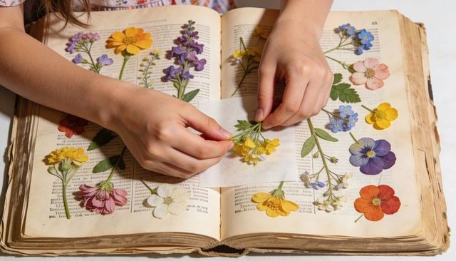 Child hands pressing wildflowers into vintage botanical book with tissue for preservation