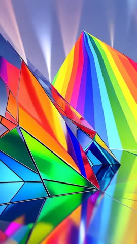 Panning over iridescent prism facets and rainbow pyramid on reflective digital stage vertical video