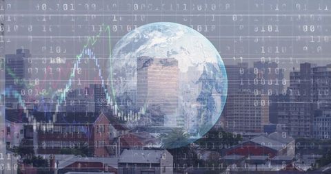 Global data overlay on urban skyline showing binary code, financial charts, connectivity