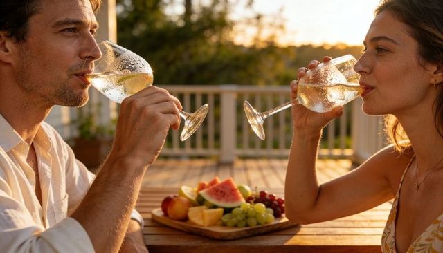 Couple sipping white wine on sunlit deck, fruit platter on wooden table, romantic golden hour