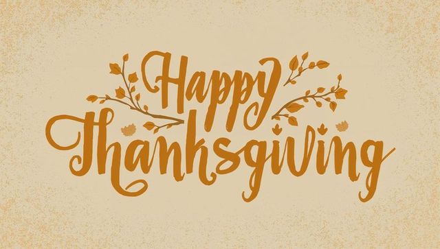 Hand-lettered happy thanksgiving script with rustic branches and leaves on textured paper