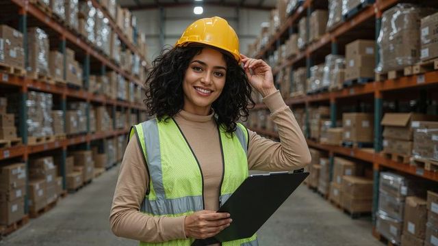 Confident Female Warehouse Worker Wearing Safety Gear with Clipboard
