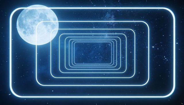 Glowing neon tunnel of nested rectangles receding into deep space with full moon