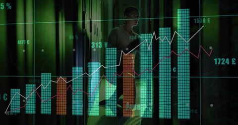 Futuristic Businesswoman in High-Tech Financial Workspace