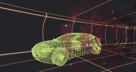 Gliding neon-green wireframe sports car racing through futuristic digital tunnel HUD