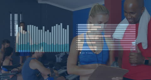 Diverse Sports Enthusiasts Engaged with Data Overlay at Gym