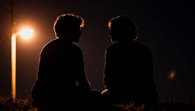 Silhouetted couple sitting face-to-face on grass under warm lamppost glow, evening romance