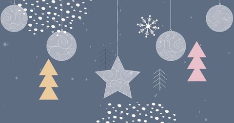 Holiday Ornaments and Trees on Blue Background