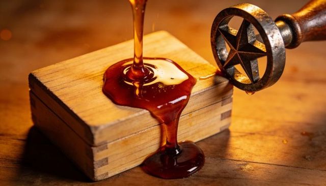 Pouring amber wax sealing wooden box with star stamp, close-up glossy wax drip